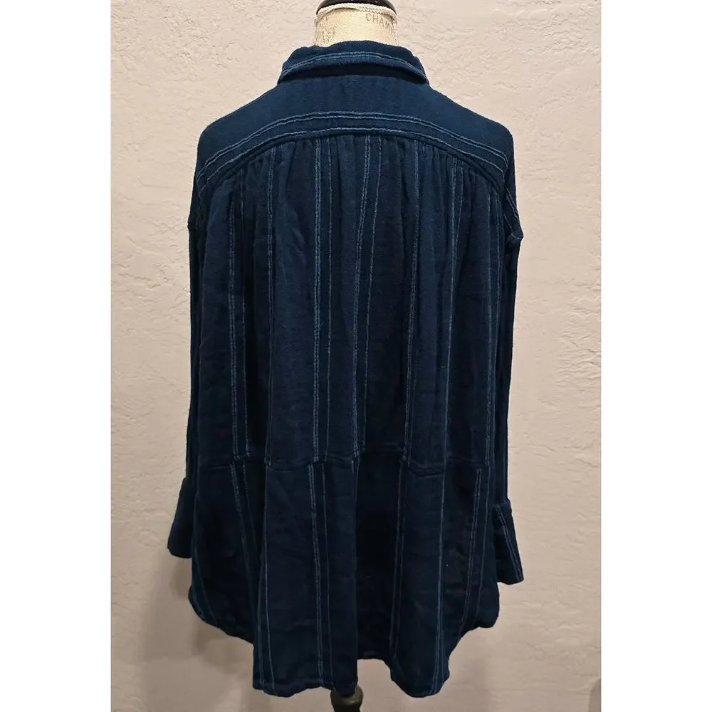 Free People Blue Striped Cozy Nights Oversized Button Up Long Sleeve Tunic Shirt - Picture 4 of 10